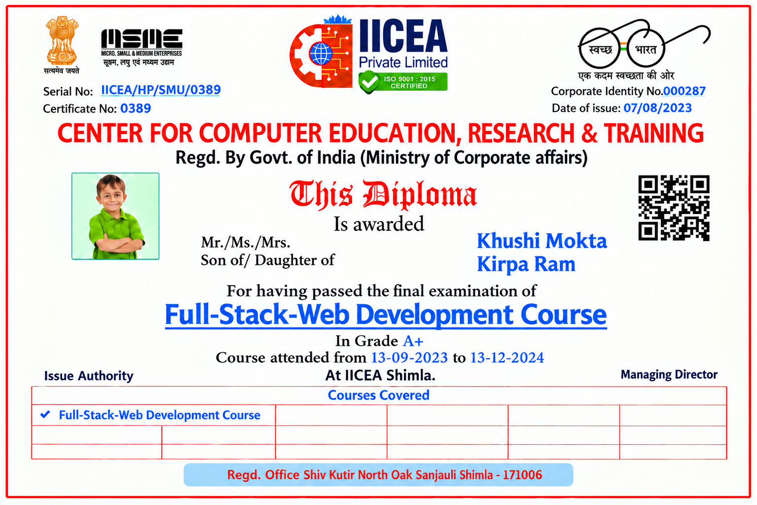 IICEA Full Stack Web Development Certificate